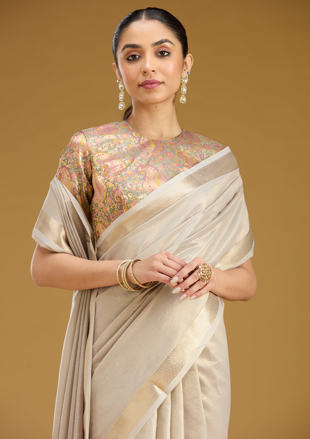 Grey Silk Plain Gold Zariwork Saree With Matching Blouse Piece