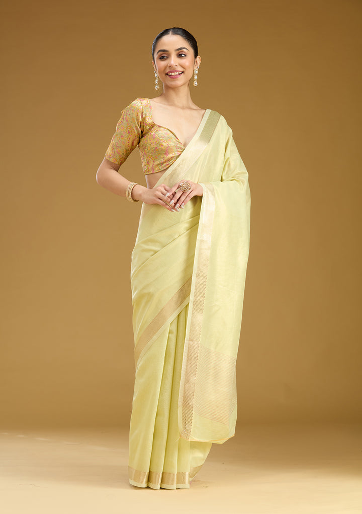 Pista Green Silk Plain Gold Zariwork Saree With Matching Blouse Piece