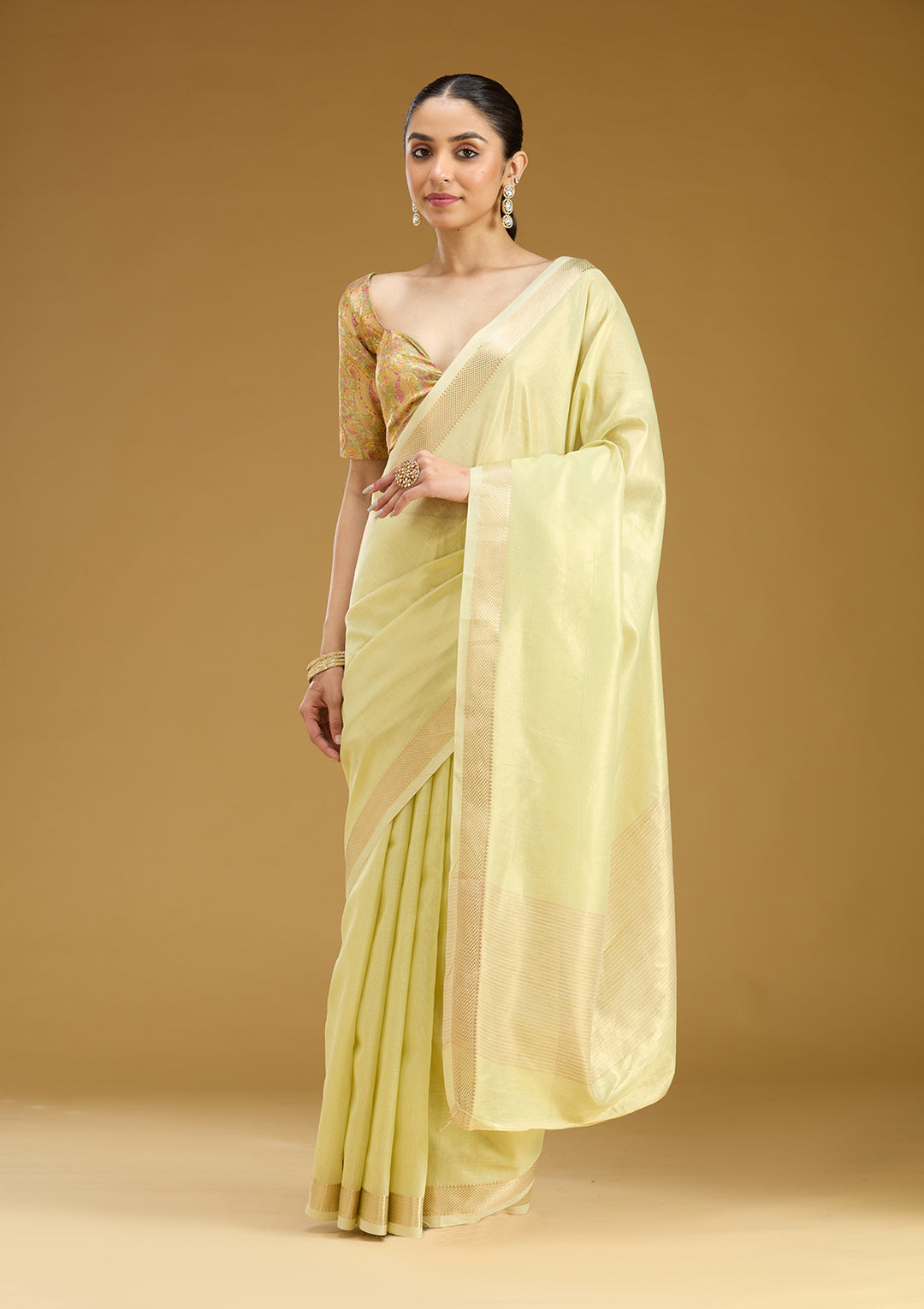 Pista Green Silk Plain Gold Zariwork Saree With Matching Blouse Piece