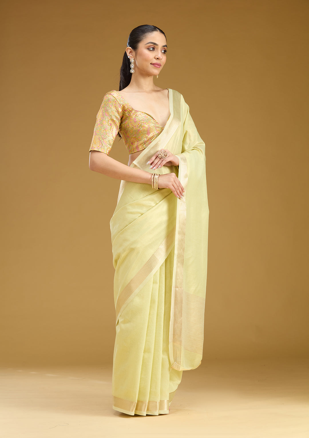 Pista Green Silk Plain Gold Zariwork Saree With Matching Blouse Piece