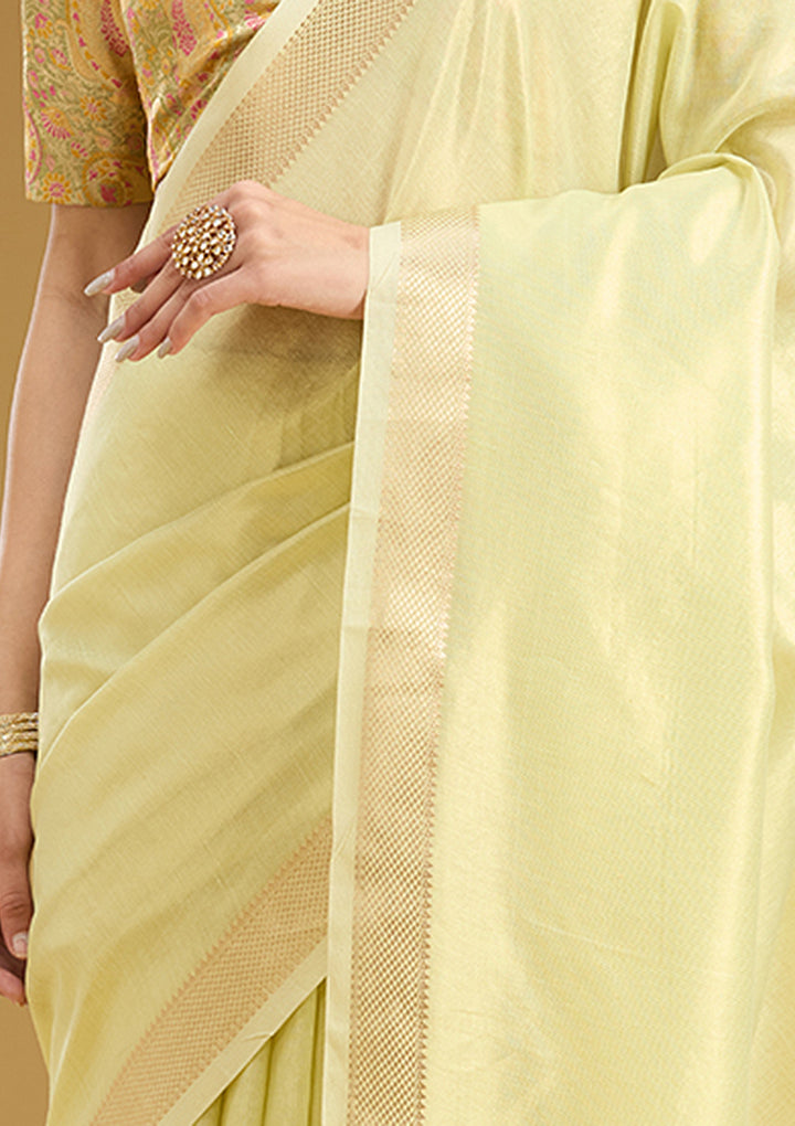 Pista Green Silk Plain Gold Zariwork Saree With Matching Blouse Piece