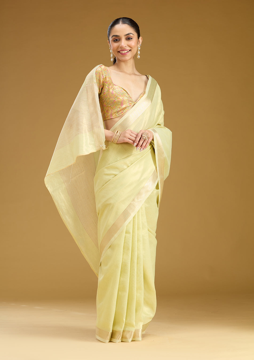 Pista Green Silk Plain Gold Zariwork Saree With Matching Blouse Piece