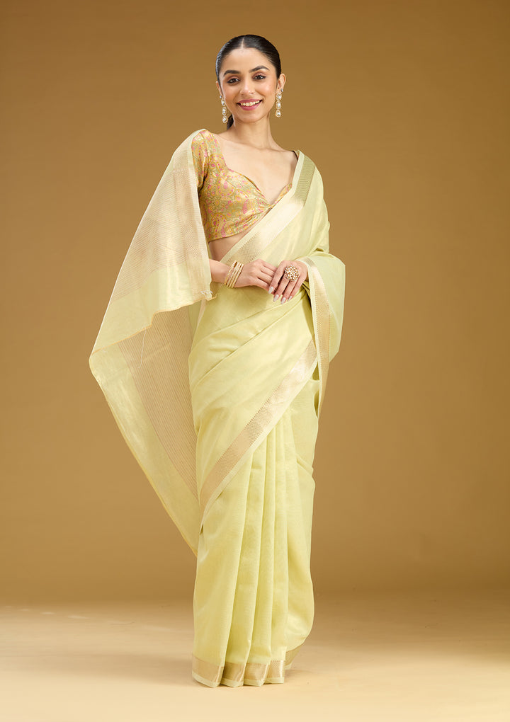 Pista Green Silk Plain Gold Zariwork Saree With Matching Blouse Piece