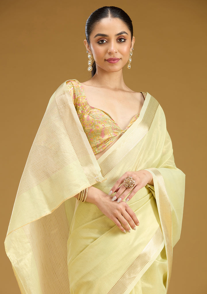 Pista Green Silk Plain Gold Zariwork Saree With Matching Blouse Piece
