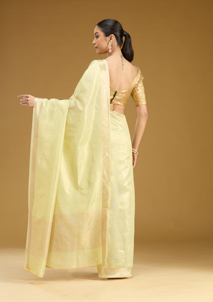 Pista Green Silk Plain Gold Zariwork Saree With Matching Blouse Piece