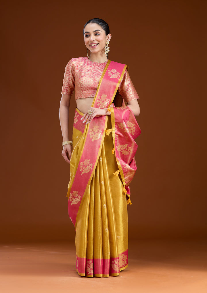 Gold Silk Buti Gold Zariwork Saree With Matching Blouse Piece