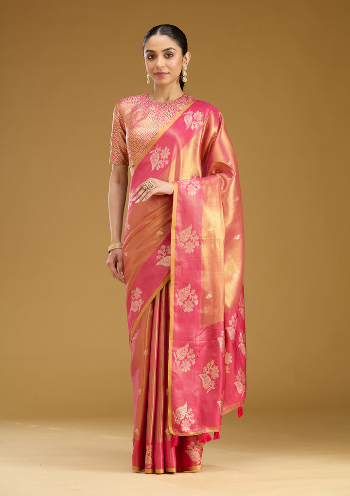 Onion Pink Silk Buti Gold Zariwork Saree With Matching Blouse Piece