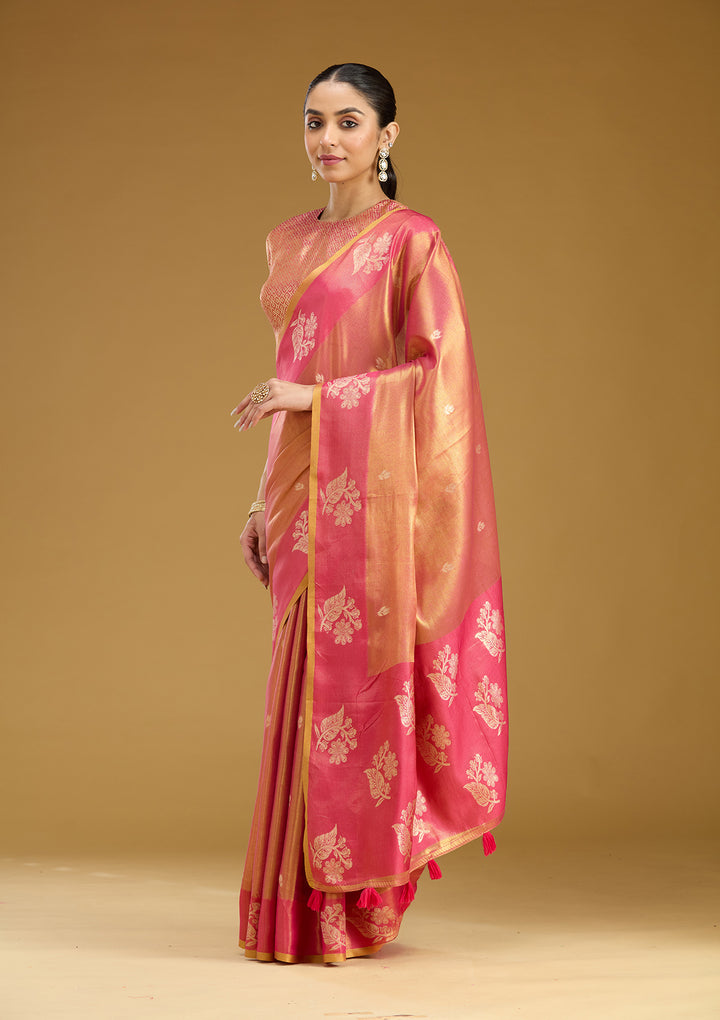 Onion Pink Silk Buti Gold Zariwork Saree With Matching Blouse Piece