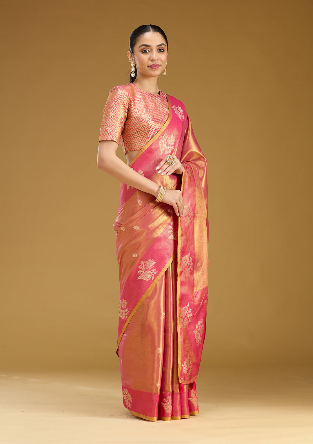 Onion Pink Silk Buti Gold Zariwork Saree With Matching Blouse Piece