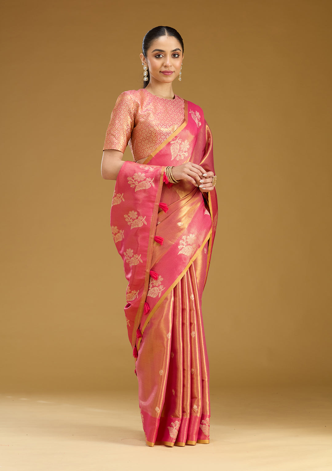Onion Pink Silk Buti Gold Zariwork Saree With Matching Blouse Piece