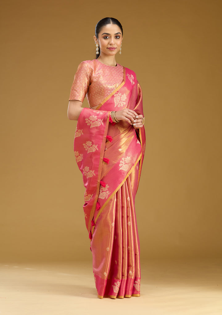 Onion Pink Silk Buti Gold Zariwork Saree With Matching Blouse Piece