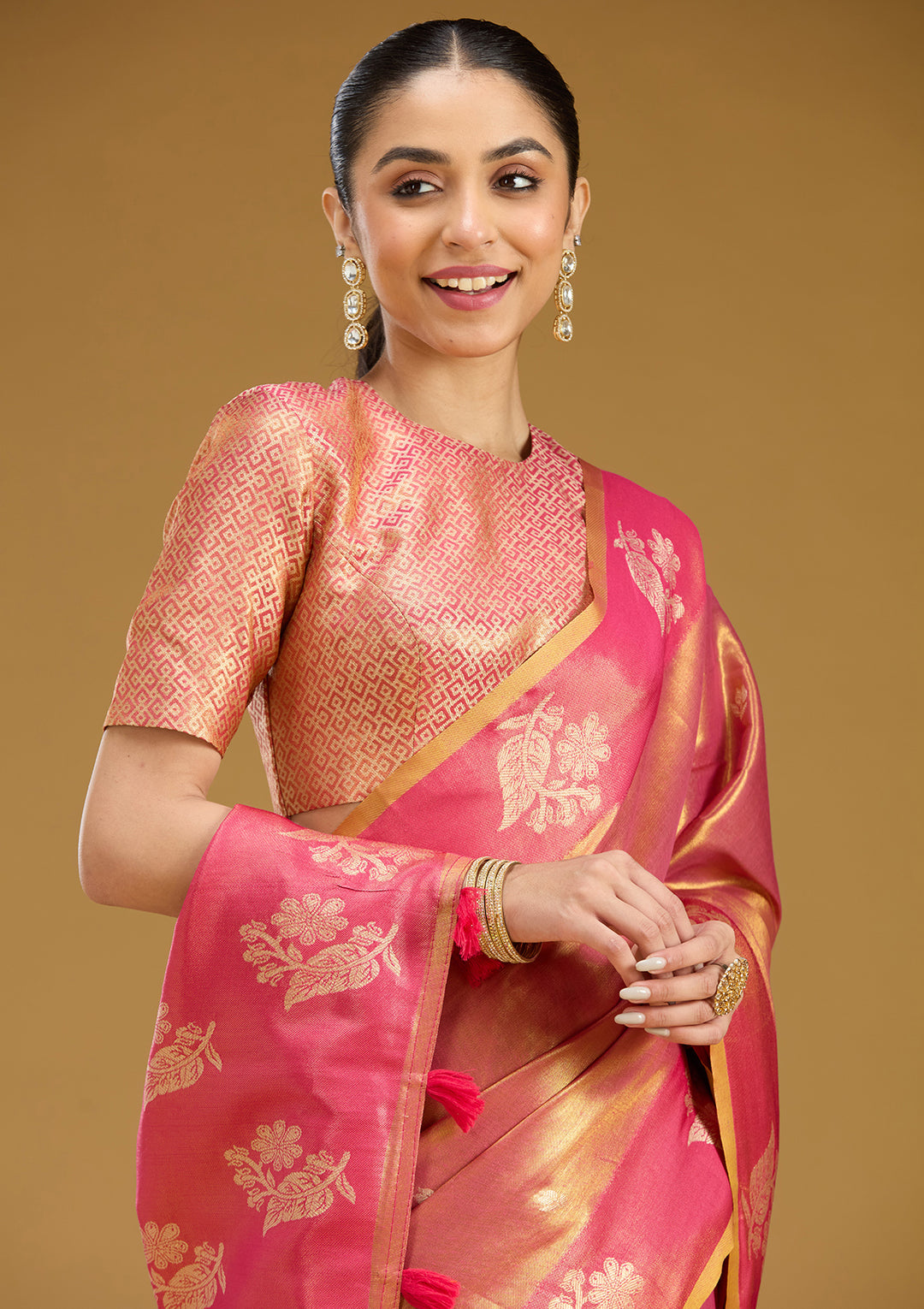 Onion Pink Silk Buti Gold Zariwork Saree With Matching Blouse Piece