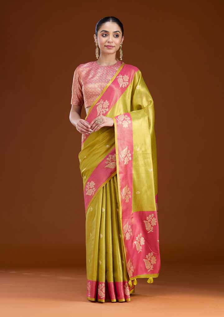 Pista Green Silk Buti Gold Zariwork Saree With Matching Blouse Piece