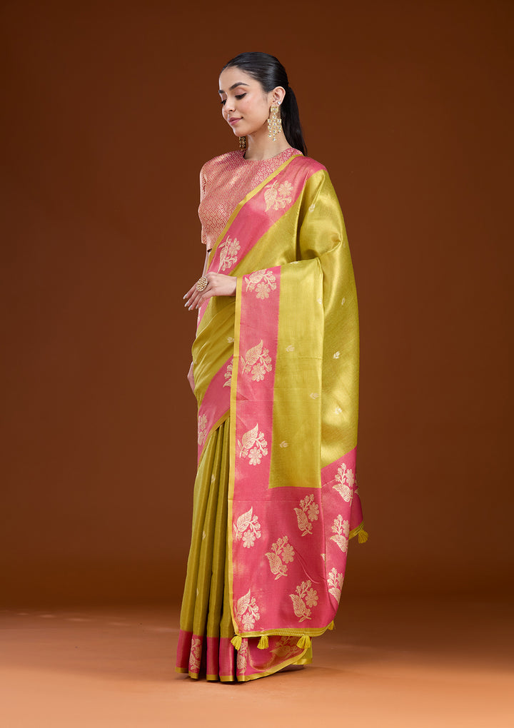 Pista Green Silk Buti Gold Zariwork Saree With Matching Blouse Piece