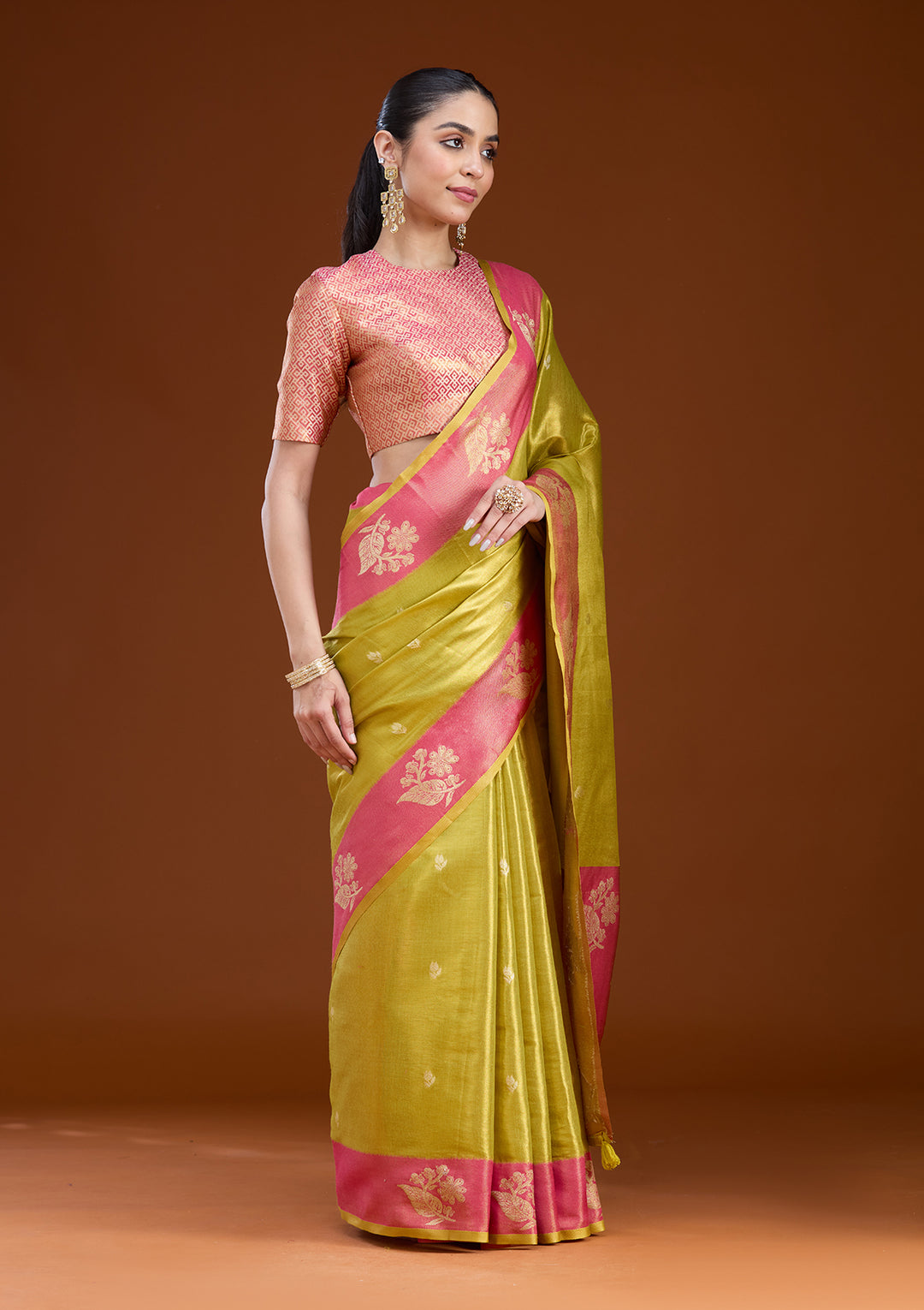 Pista Green Silk Buti Gold Zariwork Saree With Matching Blouse Piece