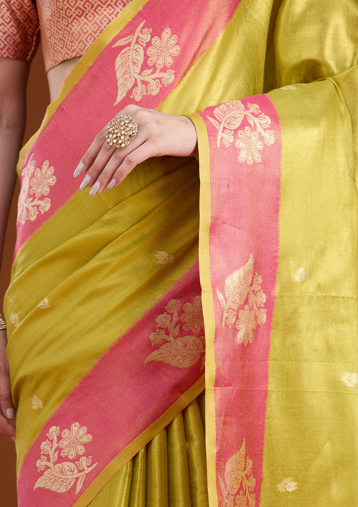 Pista Green Silk Buti Gold Zariwork Saree With Matching Blouse Piece