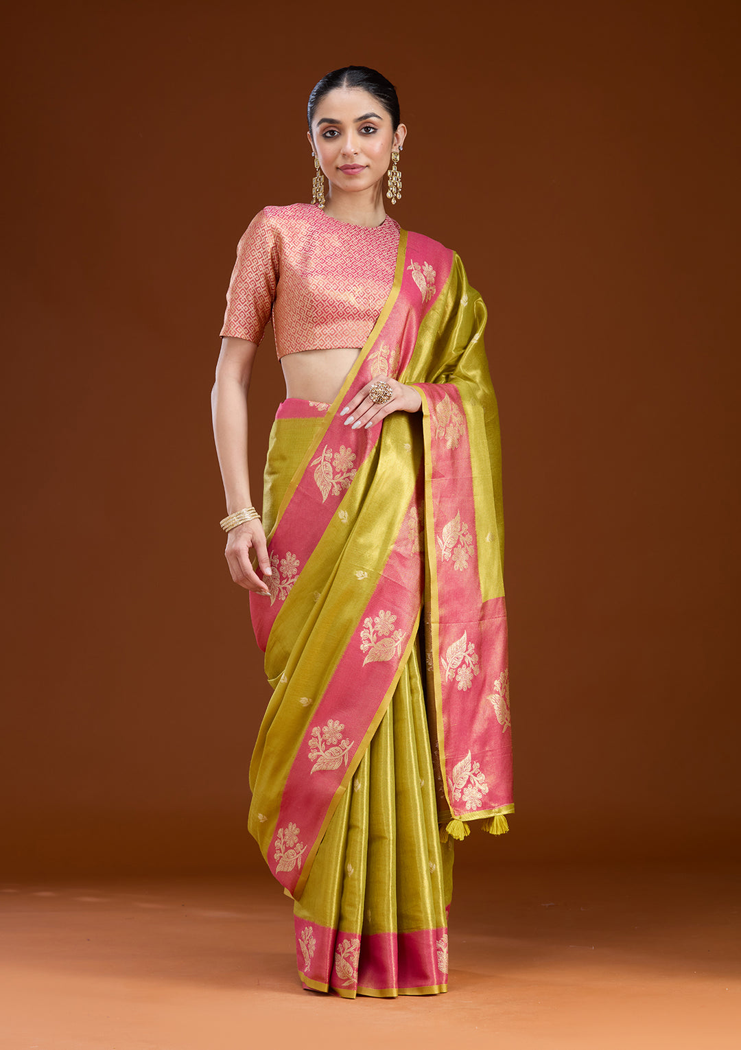 Pista Green Silk Buti Gold Zariwork Saree With Matching Blouse Piece