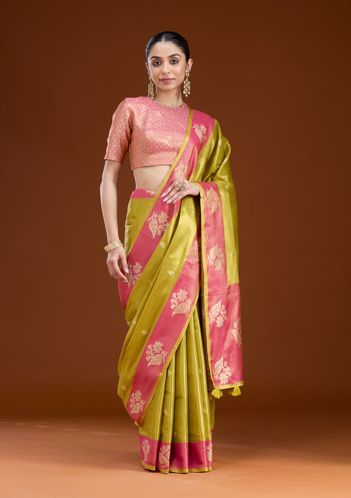 Pista Green Silk Buti Gold Zariwork Saree With Matching Blouse Piece