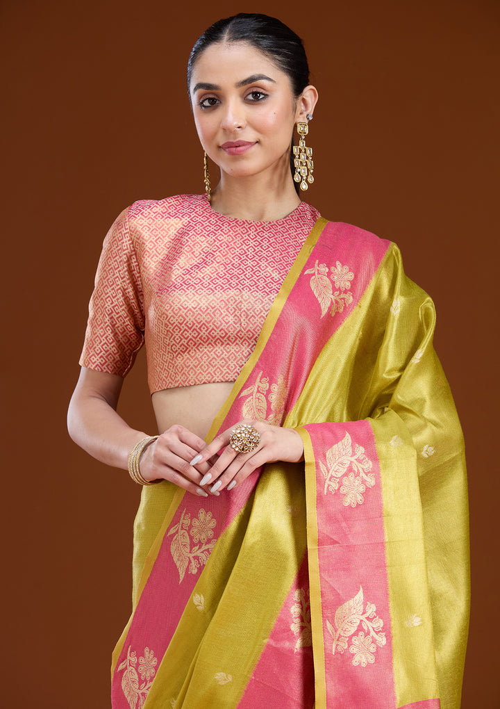 Pista Green Silk Buti Gold Zariwork Saree With Matching Blouse Piece