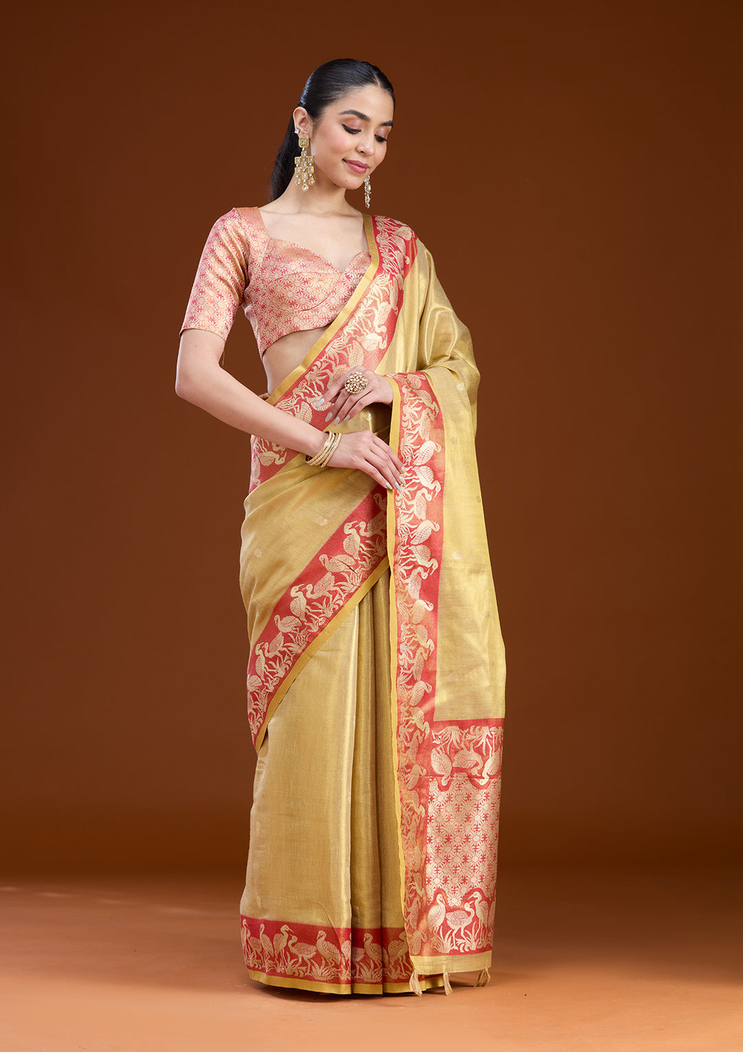 Gold Silk Buti Gold Zariwork Saree With Matching Blouse Piece