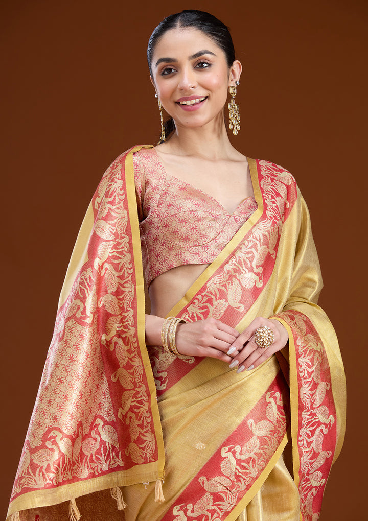 Gold Silk Buti Gold Zariwork Saree With Matching Blouse Piece