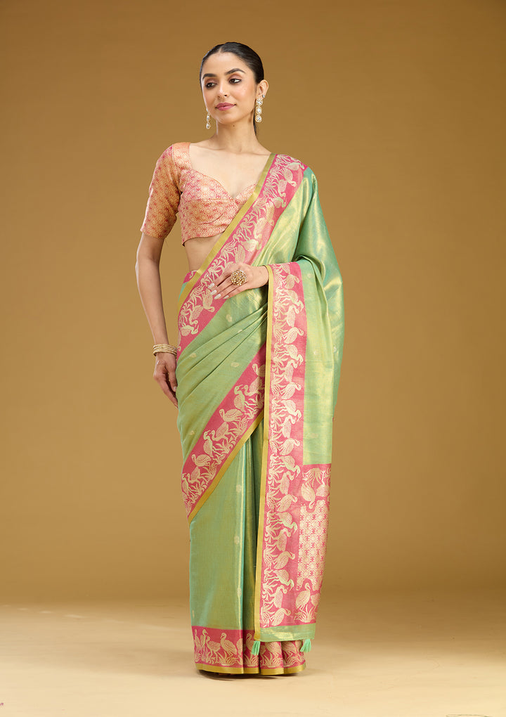 Pista Green Silk Buti Gold Zariwork Saree With Matching Blouse Piece