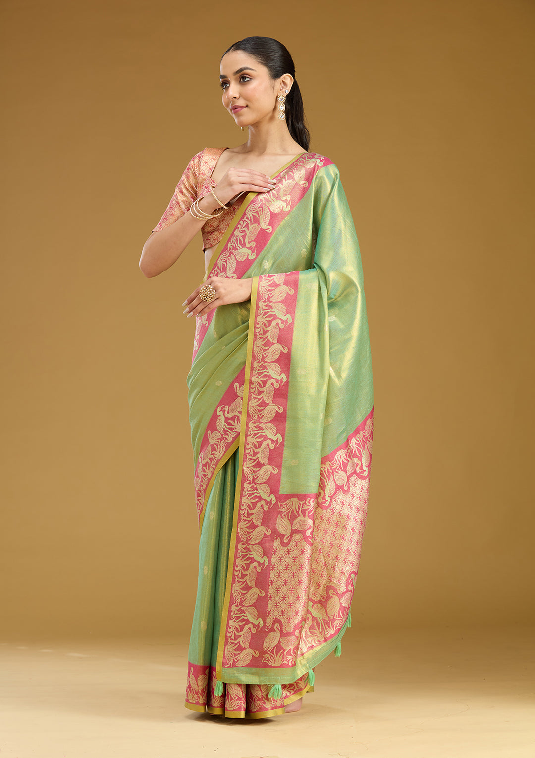 Pista Green Silk Buti Gold Zariwork Saree With Matching Blouse Piece