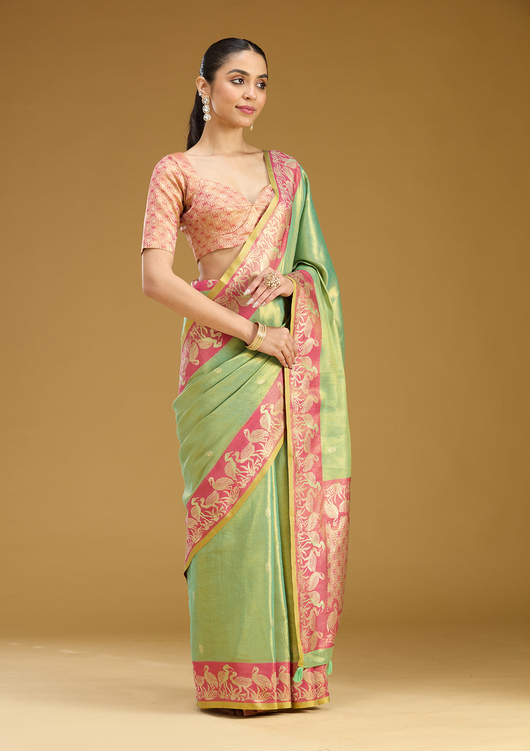 Pista Green Silk Buti Gold Zariwork Saree With Matching Blouse Piece