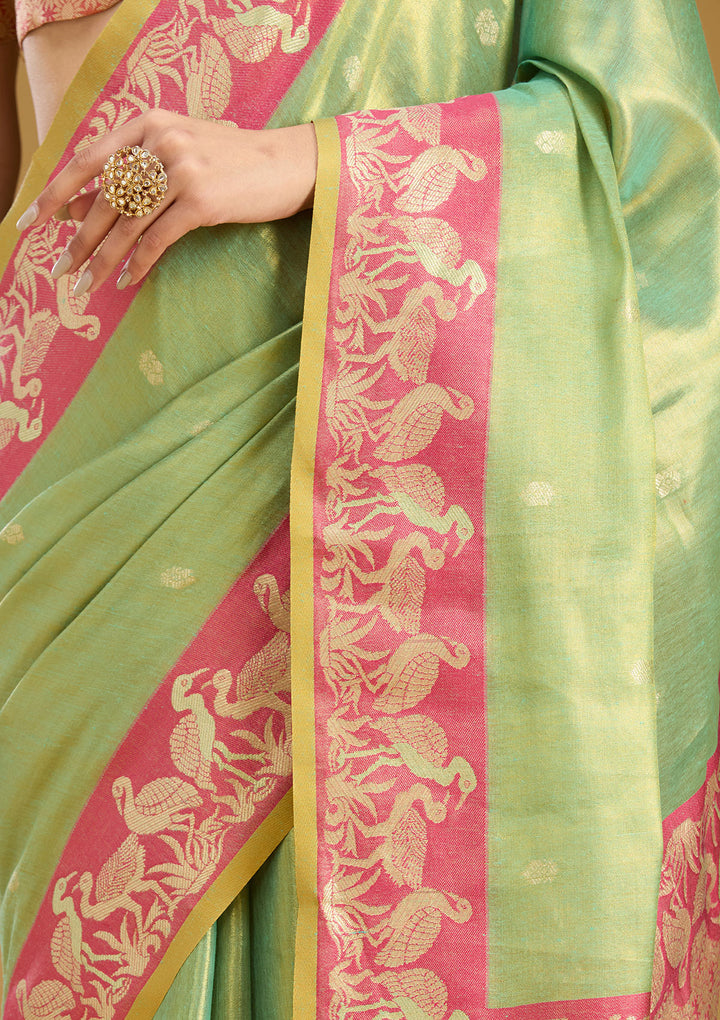 Pista Green Silk Buti Gold Zariwork Saree With Matching Blouse Piece
