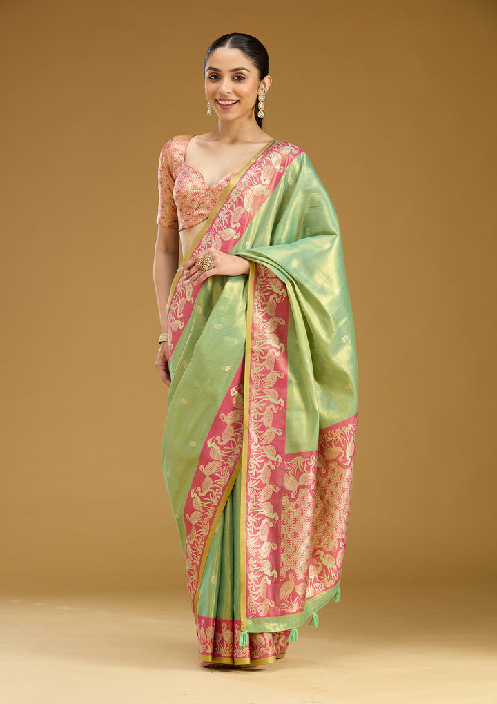 Pista Green Silk Buti Gold Zariwork Saree With Matching Blouse Piece