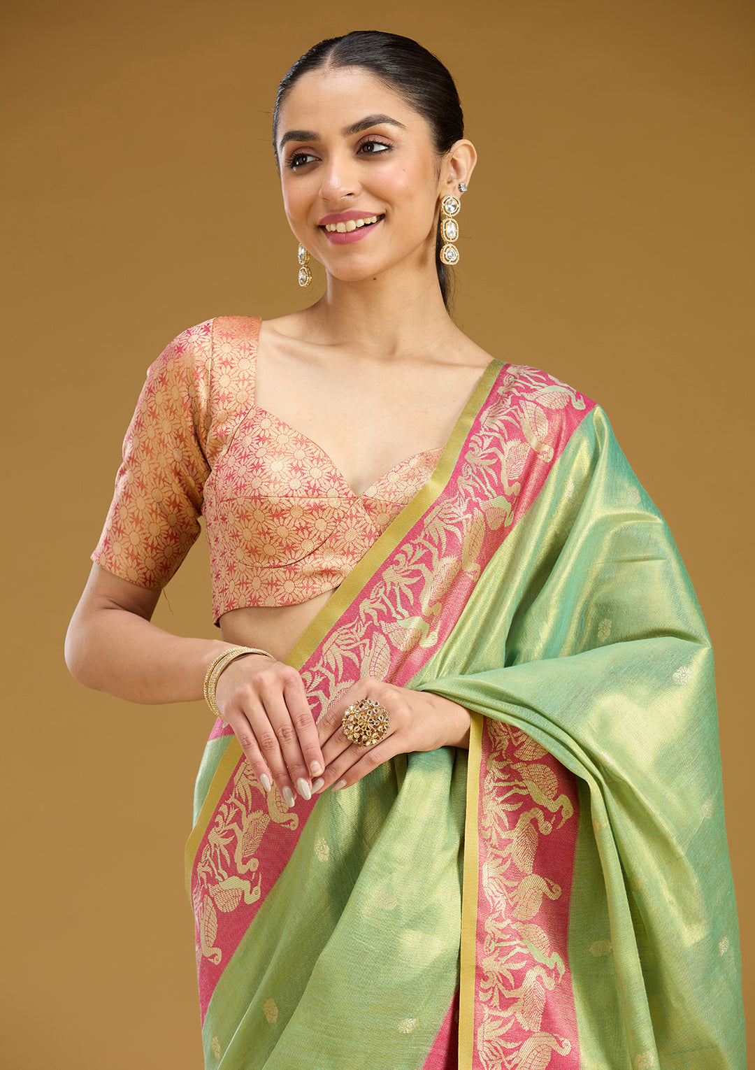 Pista Green Silk Buti Gold Zariwork Saree With Matching Blouse Piece