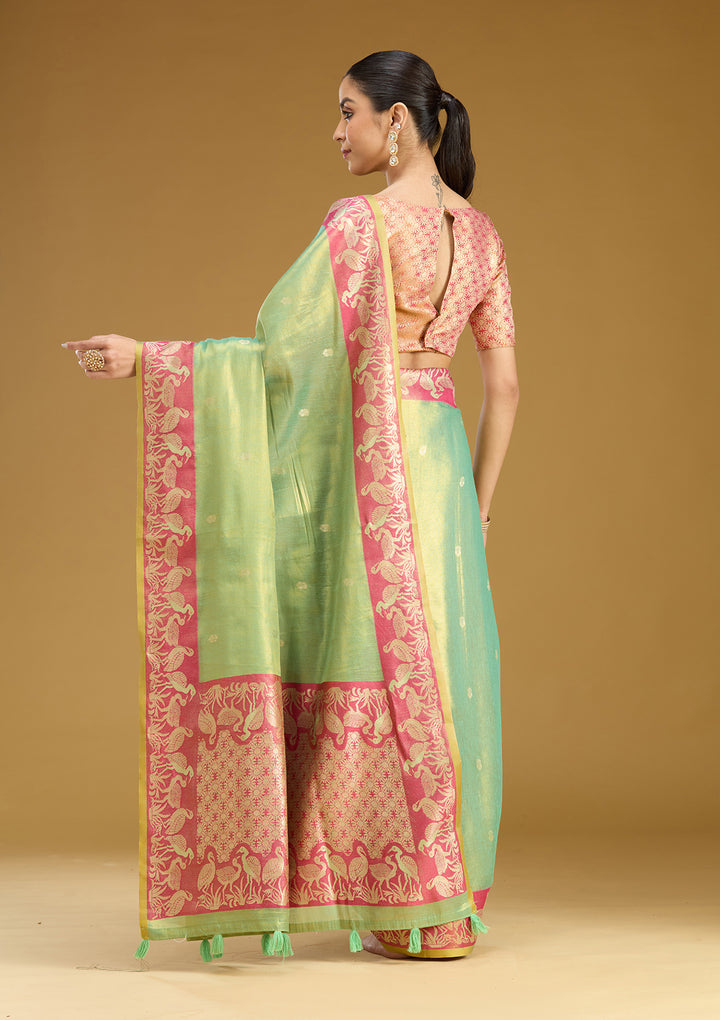 Pista Green Silk Buti Gold Zariwork Saree With Matching Blouse Piece