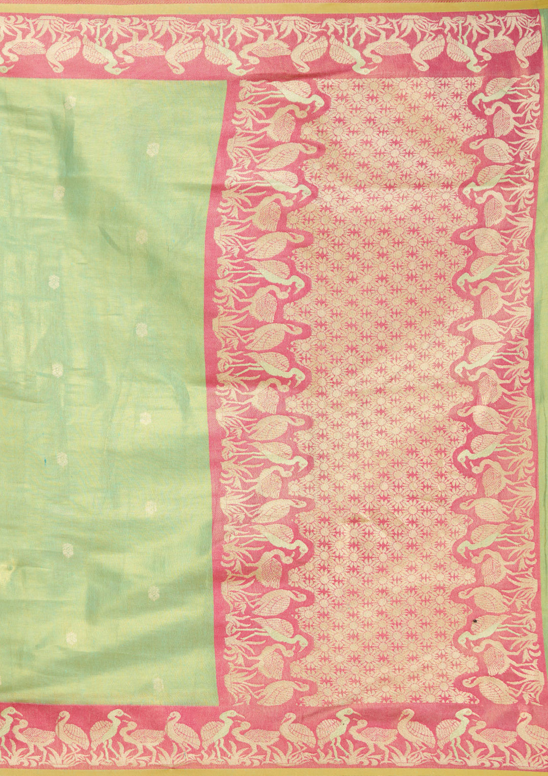 Pista Green Silk Buti Gold Zariwork Saree With Matching Blouse Piece