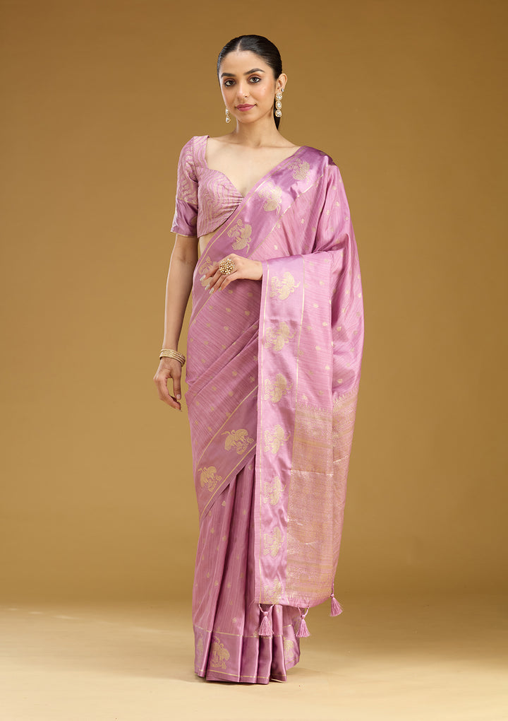 Lavender Silk Buti Gold Zariwork Saree With Matching Blouse Piece