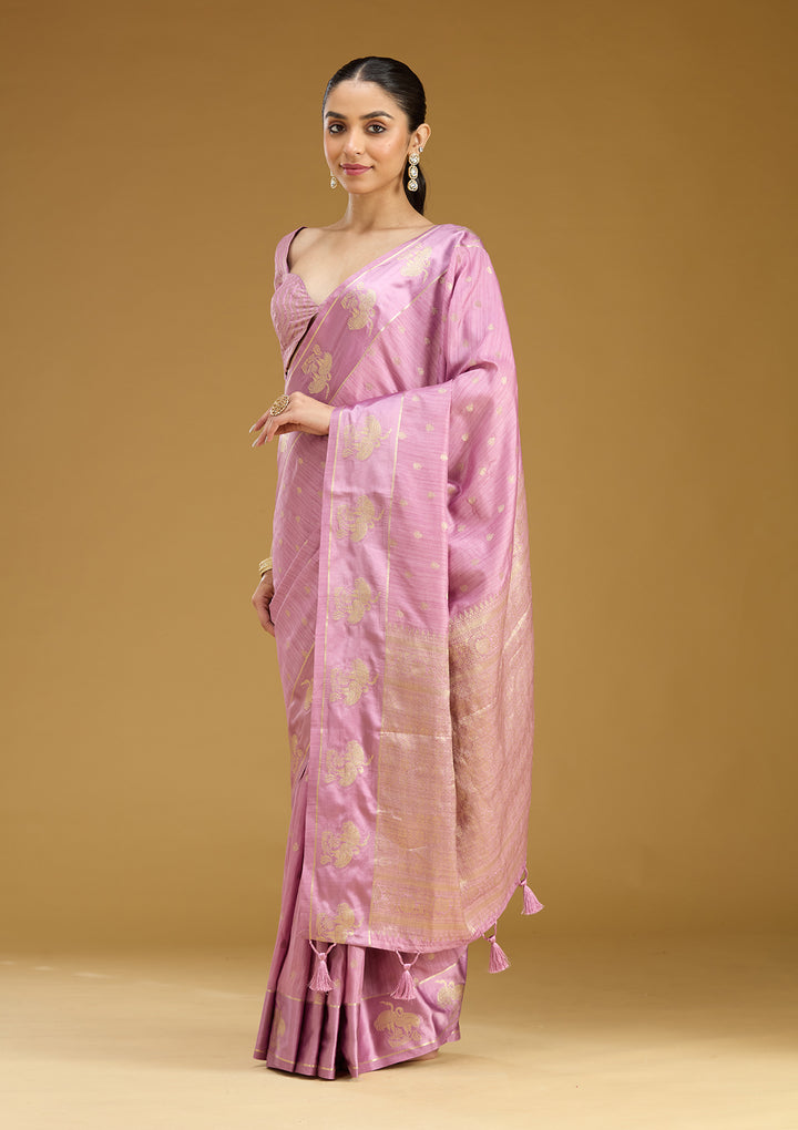 Lavender Silk Buti Gold Zariwork Saree With Matching Blouse Piece