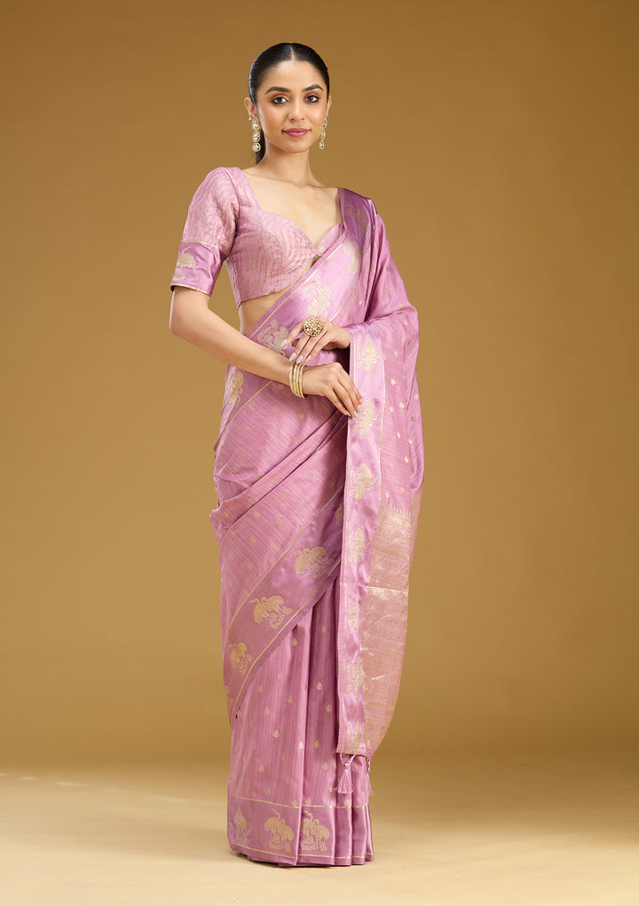 Lavender Silk Buti Gold Zariwork Saree With Matching Blouse Piece
