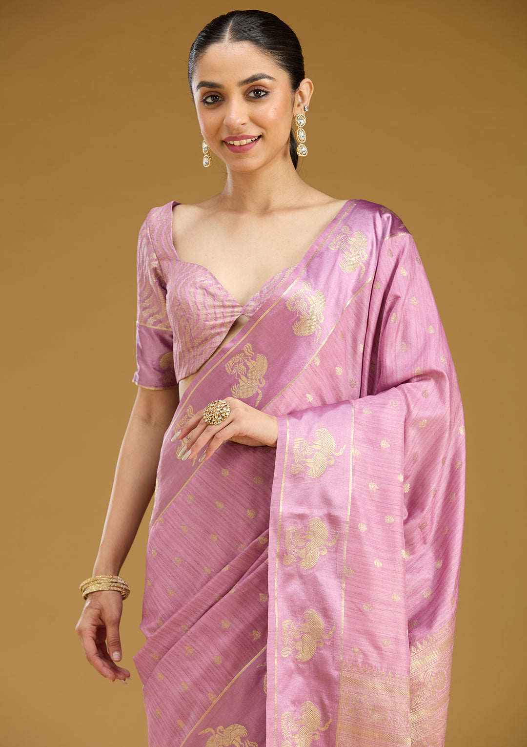 Lavender Silk Buti Gold Zariwork Saree With Matching Blouse Piece
