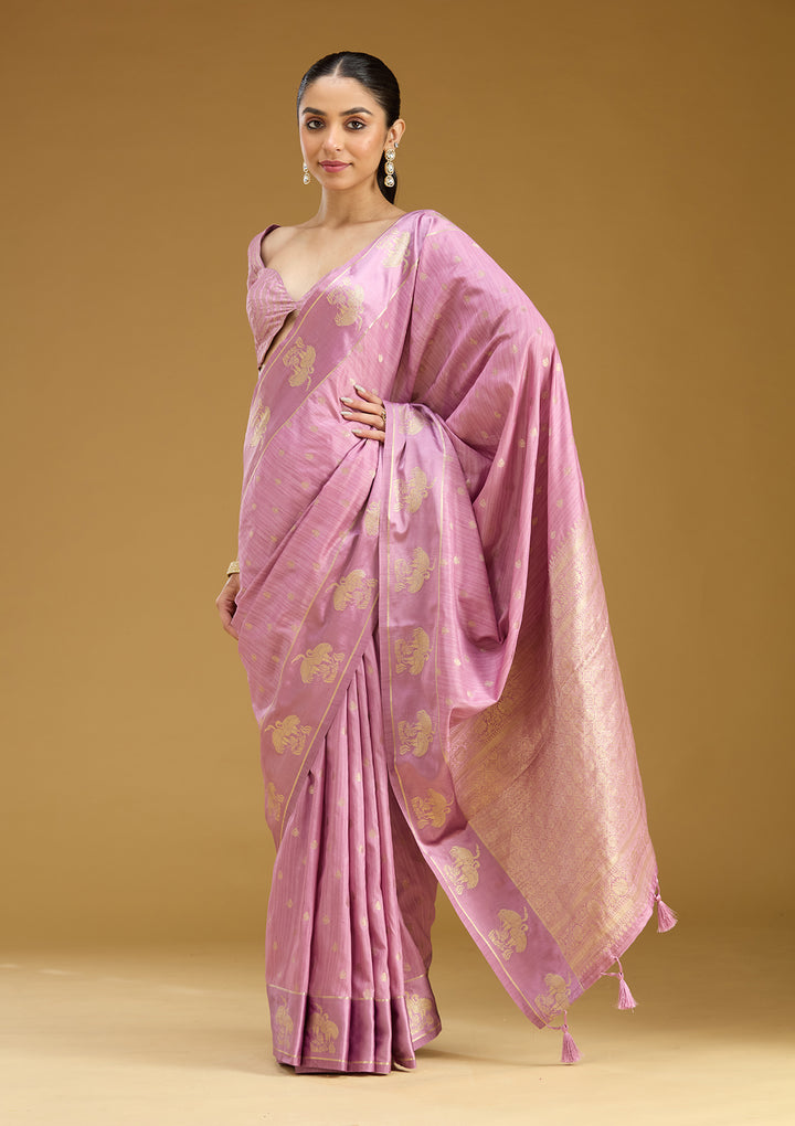Lavender Silk Buti Gold Zariwork Saree With Matching Blouse Piece