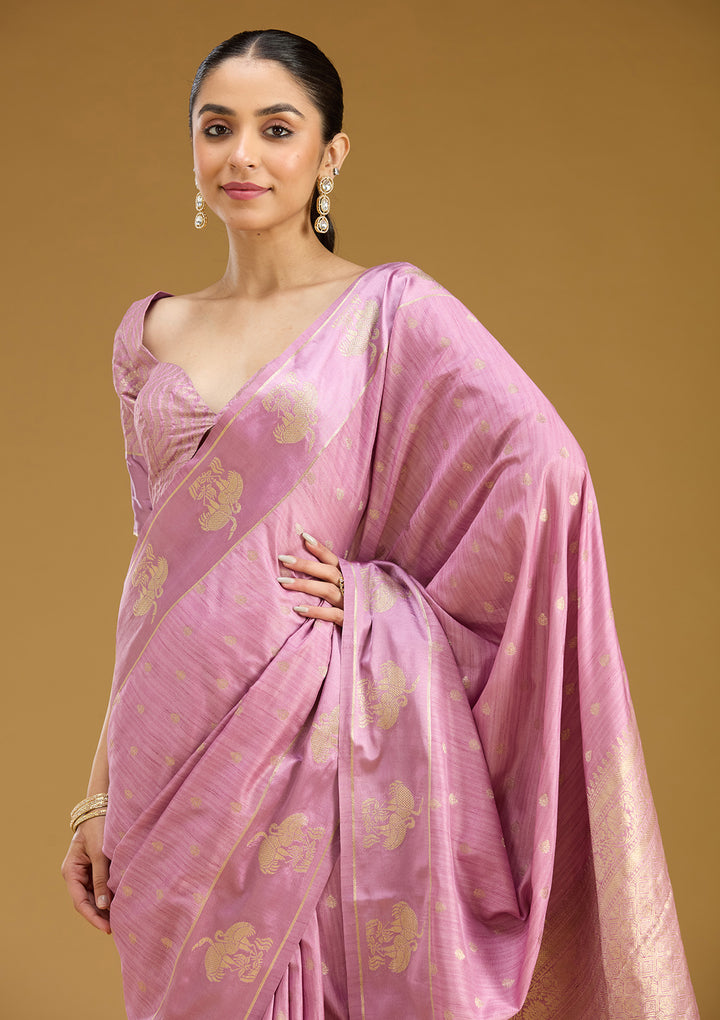 Lavender Silk Buti Gold Zariwork Saree With Matching Blouse Piece