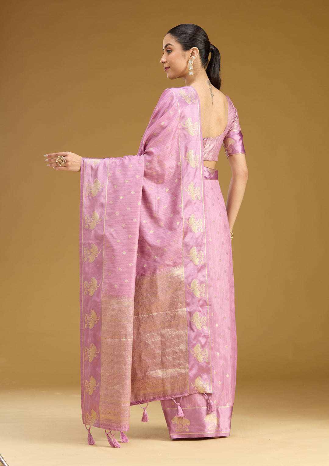 Lavender Silk Buti Gold Zariwork Saree With Matching Blouse Piece