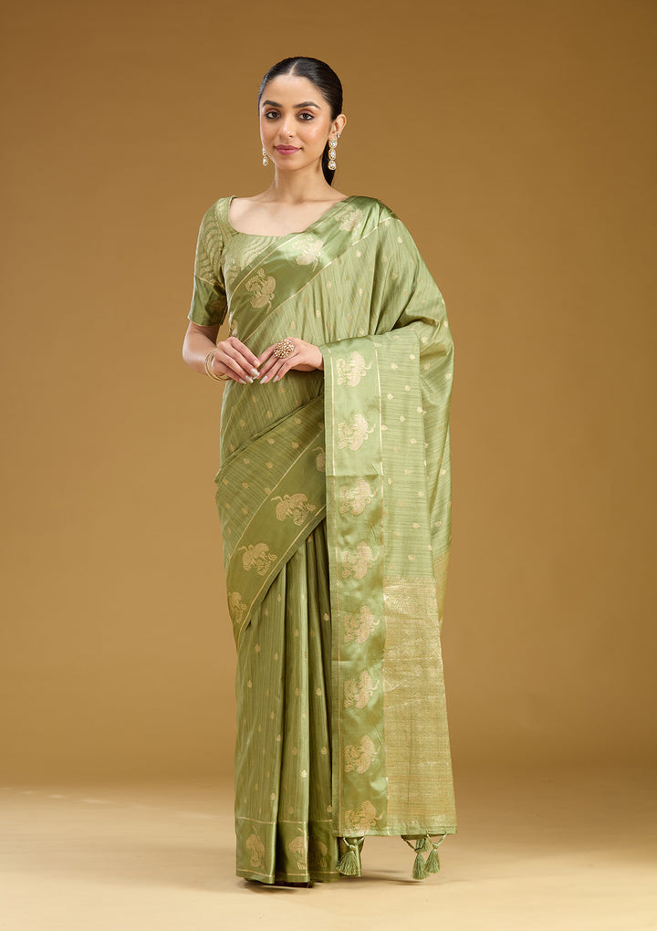 Pista Green Silk Buti Gold Zariwork Saree With Matching Blouse Piece