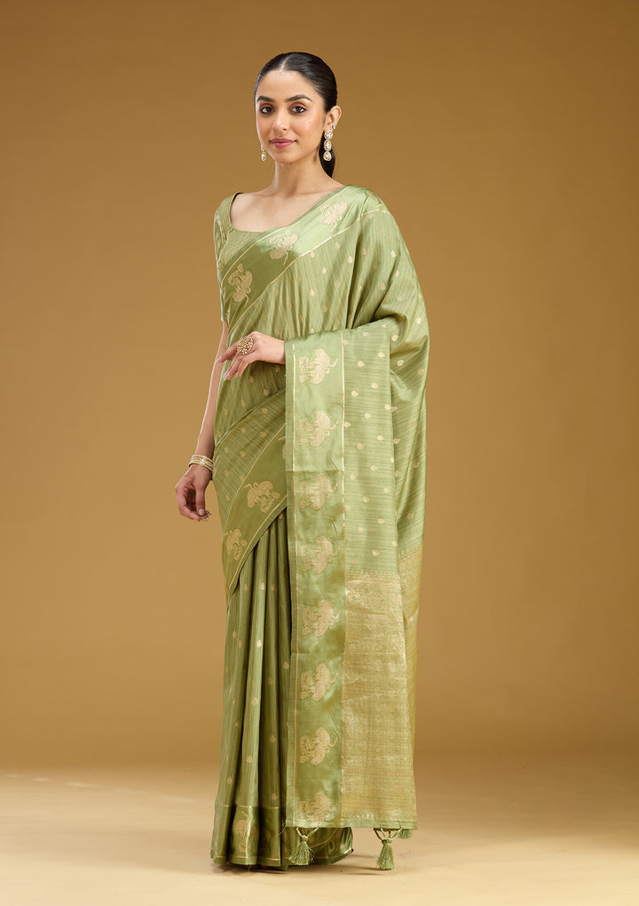 Pista Green Silk Buti Gold Zariwork Saree With Matching Blouse Piece