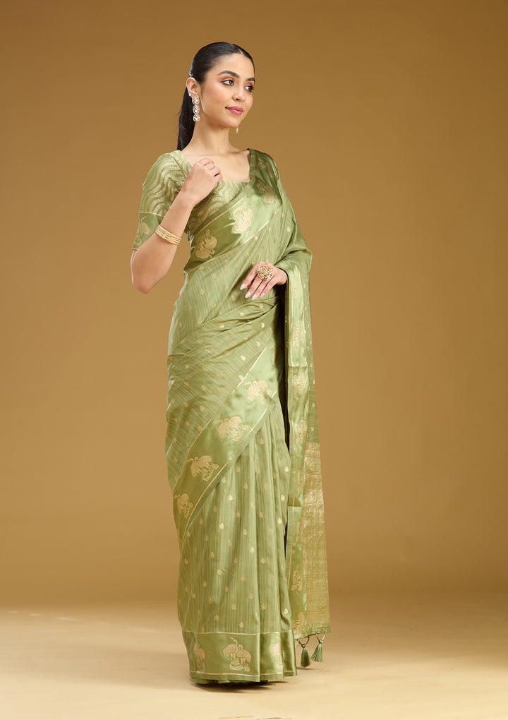 Pista Green Silk Buti Gold Zariwork Saree With Matching Blouse Piece