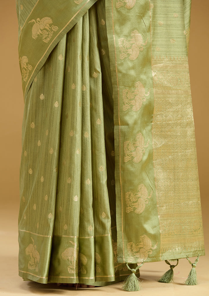 Pista Green Silk Buti Gold Zariwork Saree With Matching Blouse Piece
