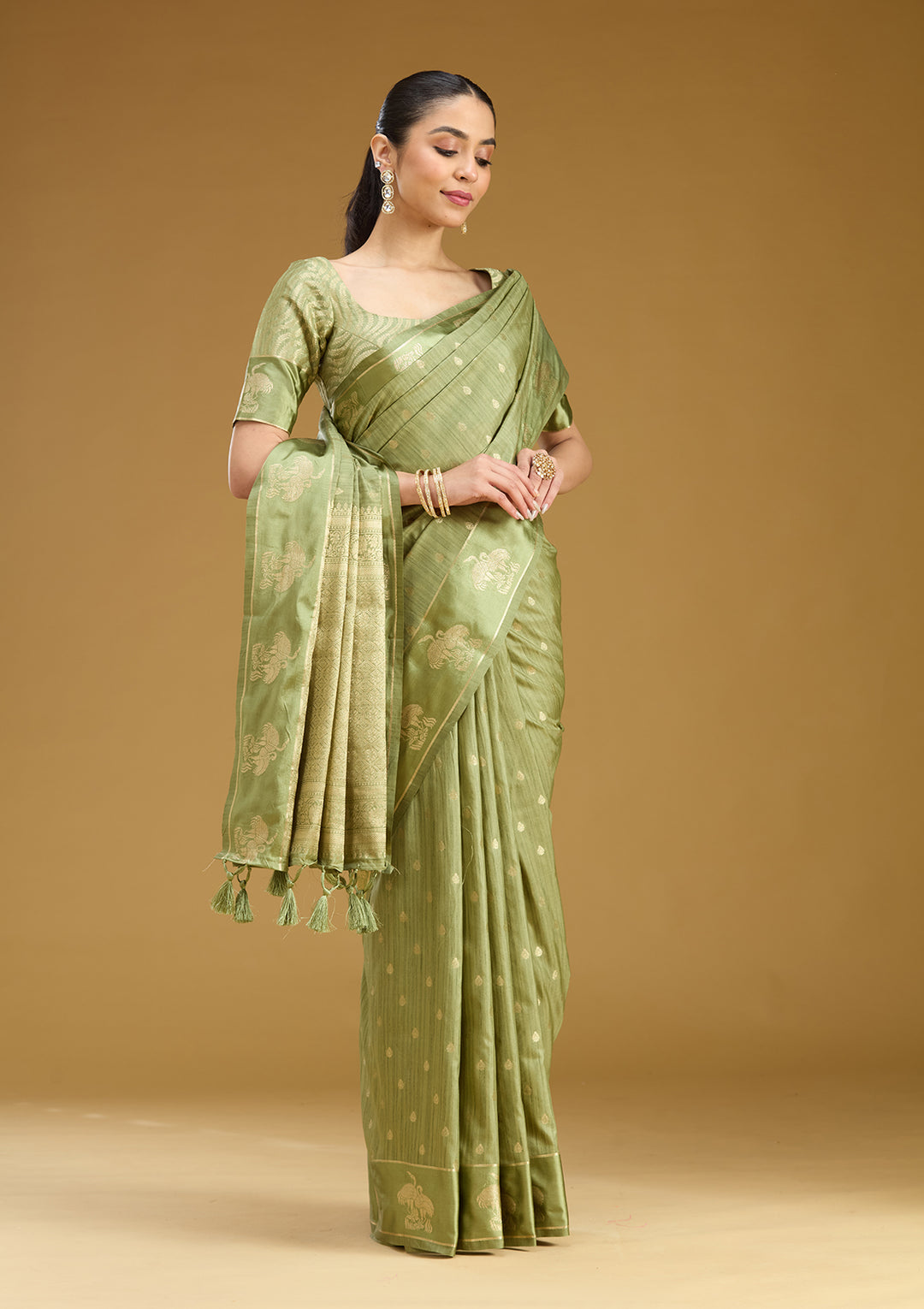 Pista Green Silk Buti Gold Zariwork Saree With Matching Blouse Piece