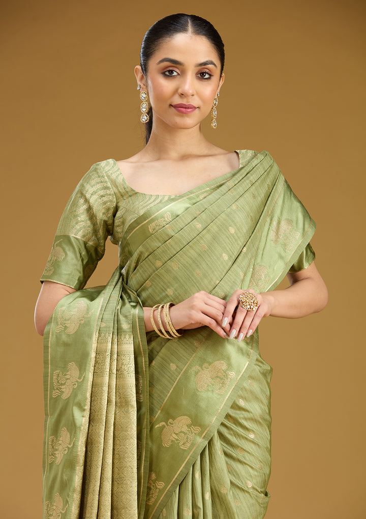 Pista Green Silk Buti Gold Zariwork Saree With Matching Blouse Piece