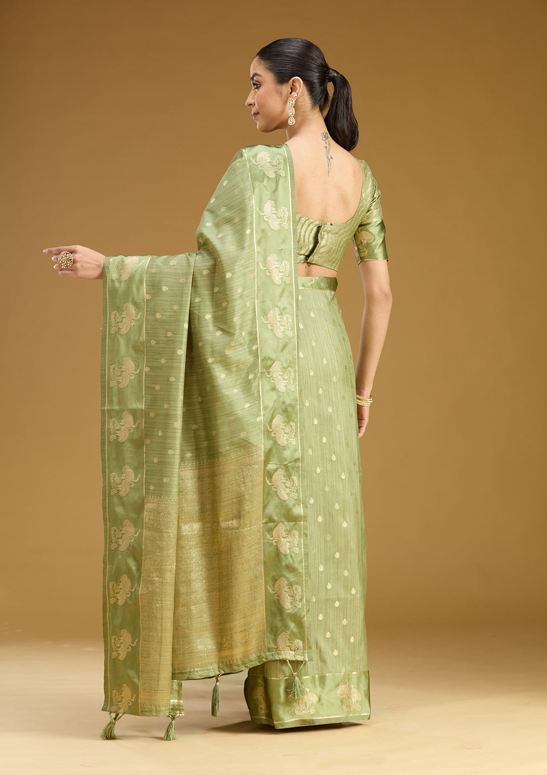 Pista Green Silk Buti Gold Zariwork Saree With Matching Blouse Piece