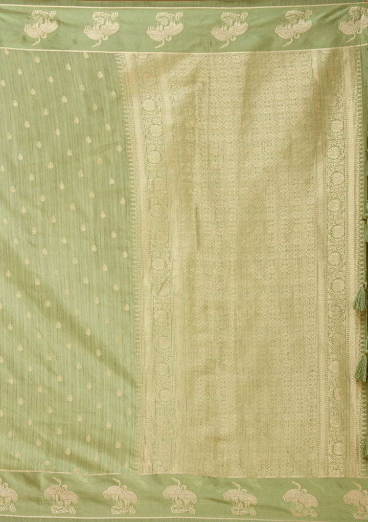 Pista Green Silk Buti Gold Zariwork Saree With Matching Blouse Piece