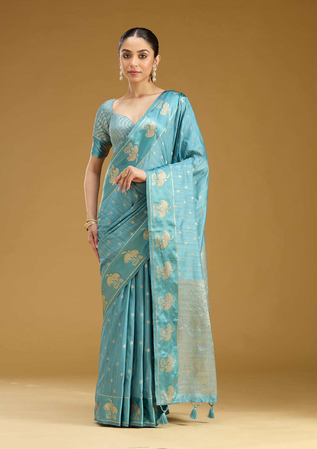 Sky Blue Silk Buti Gold Zariwork Saree With Matching Blouse Piece