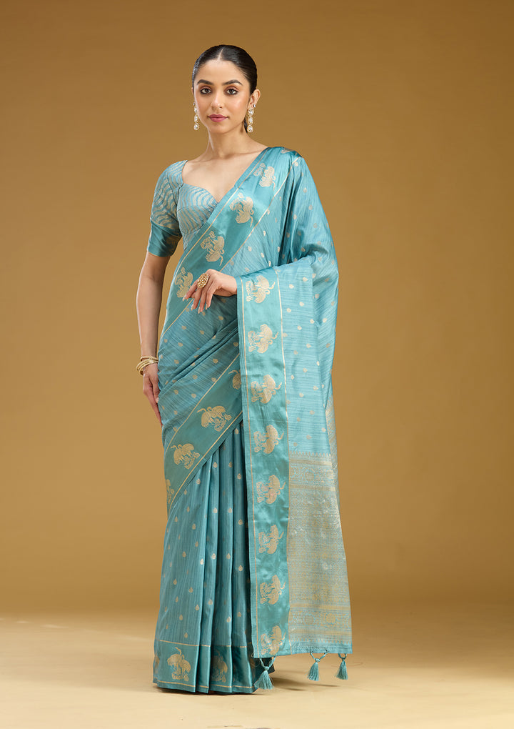 Sky Blue Silk Buti Gold Zariwork Saree With Matching Blouse Piece